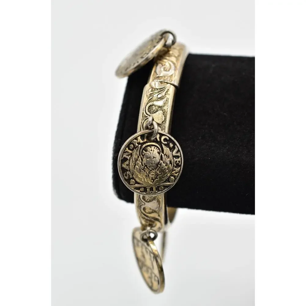 Whiting & Davis Vintage Coin Charm Bangle Bracelet Heavy Chunky Signed 70s BinAW